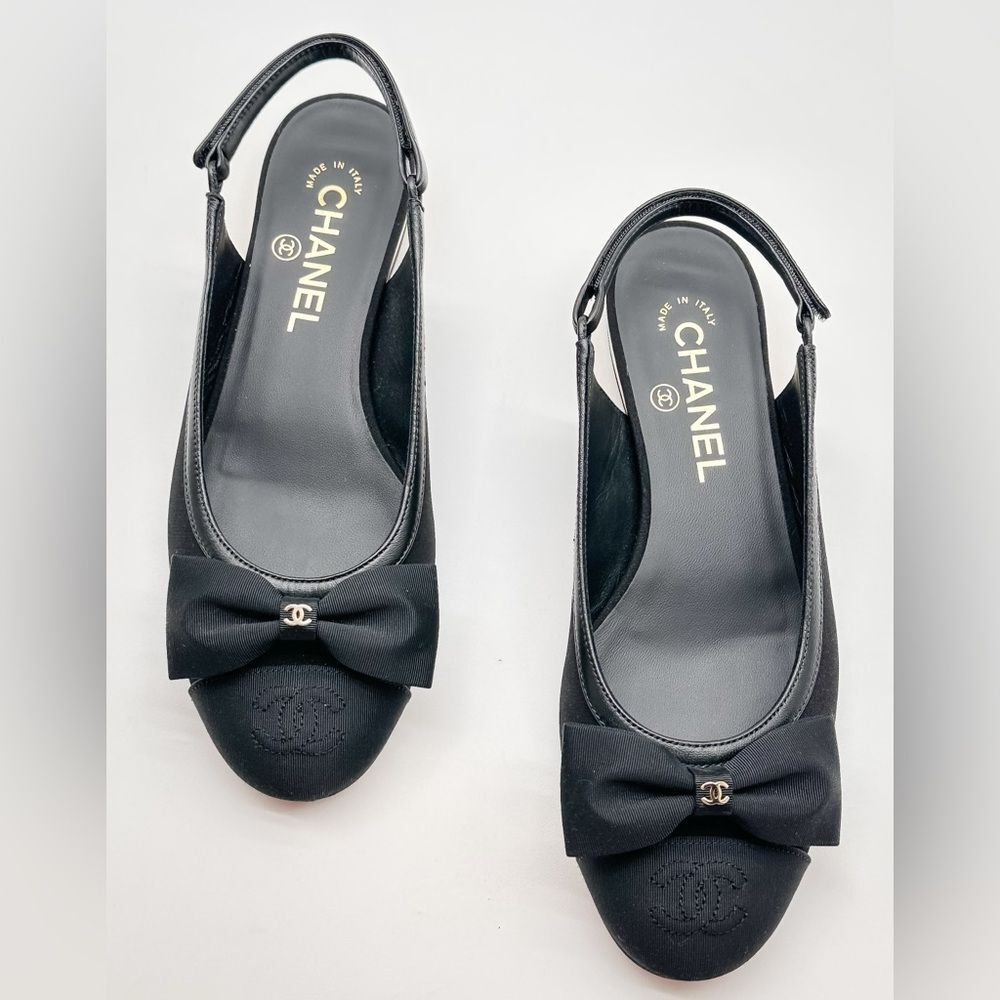 Chanel 2024 CC Logo Black Bow Grosgrain Slingback Ballerina Flats EU 37 - Picture 13 of 15
